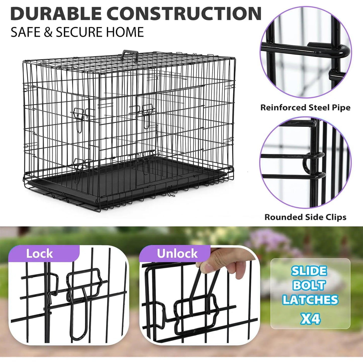 48 Inch Foldable Dog Crate, Large Metal Kennel with Double Doors & Leakproof Tray