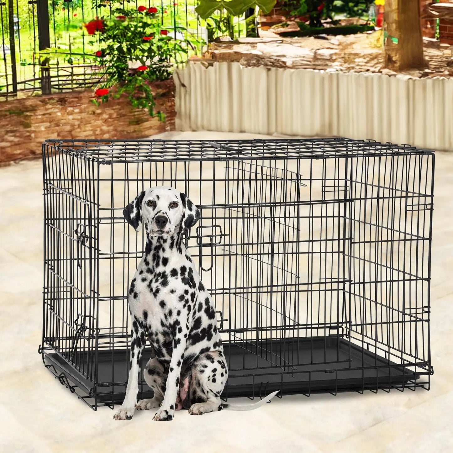 48 Inch Foldable Dog Crate, Large Metal Kennel with Double Doors & Leakproof Tray