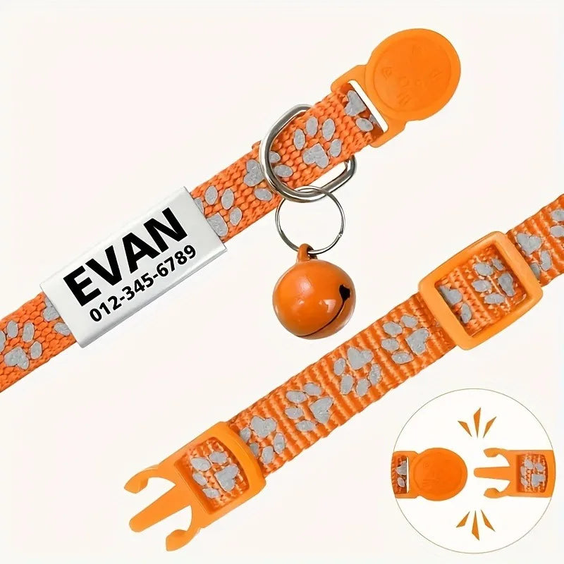 Custom Reflective Paw Cat Collar Personalized ID Adjustable Safety Buckle with Bell Free Engraving Nylon Puppy Kittens Necklace