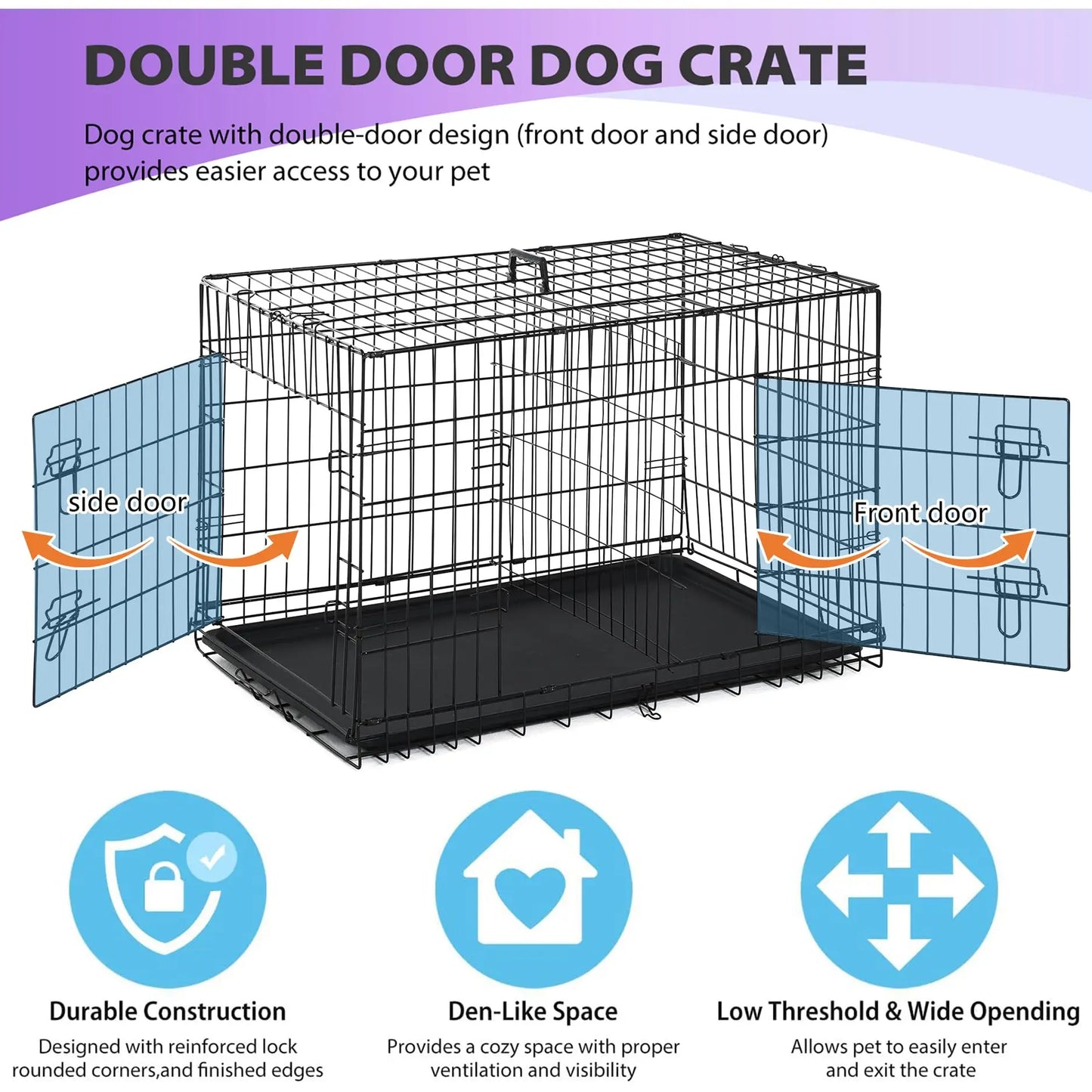 48 Inch Foldable Dog Crate, Large Metal Kennel with Double Doors & Leakproof Tray
