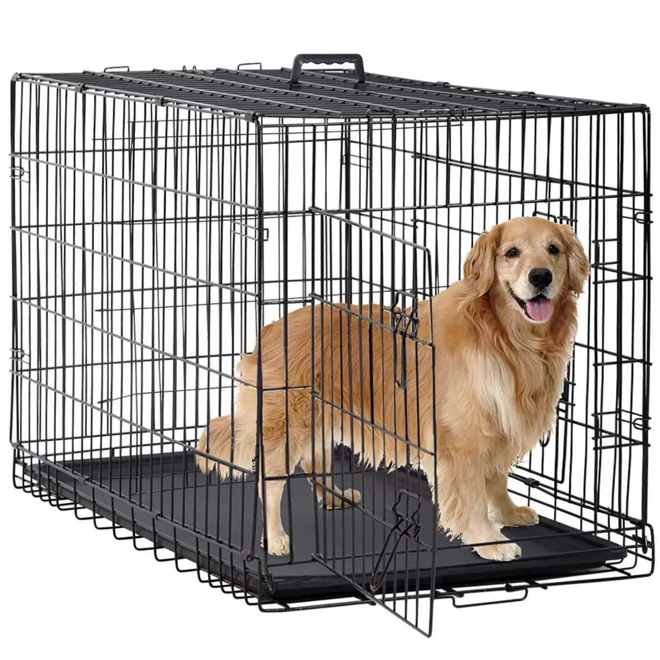 48 Inch Foldable Dog Crate, Large Metal Kennel with Double Doors & Leakproof Tray