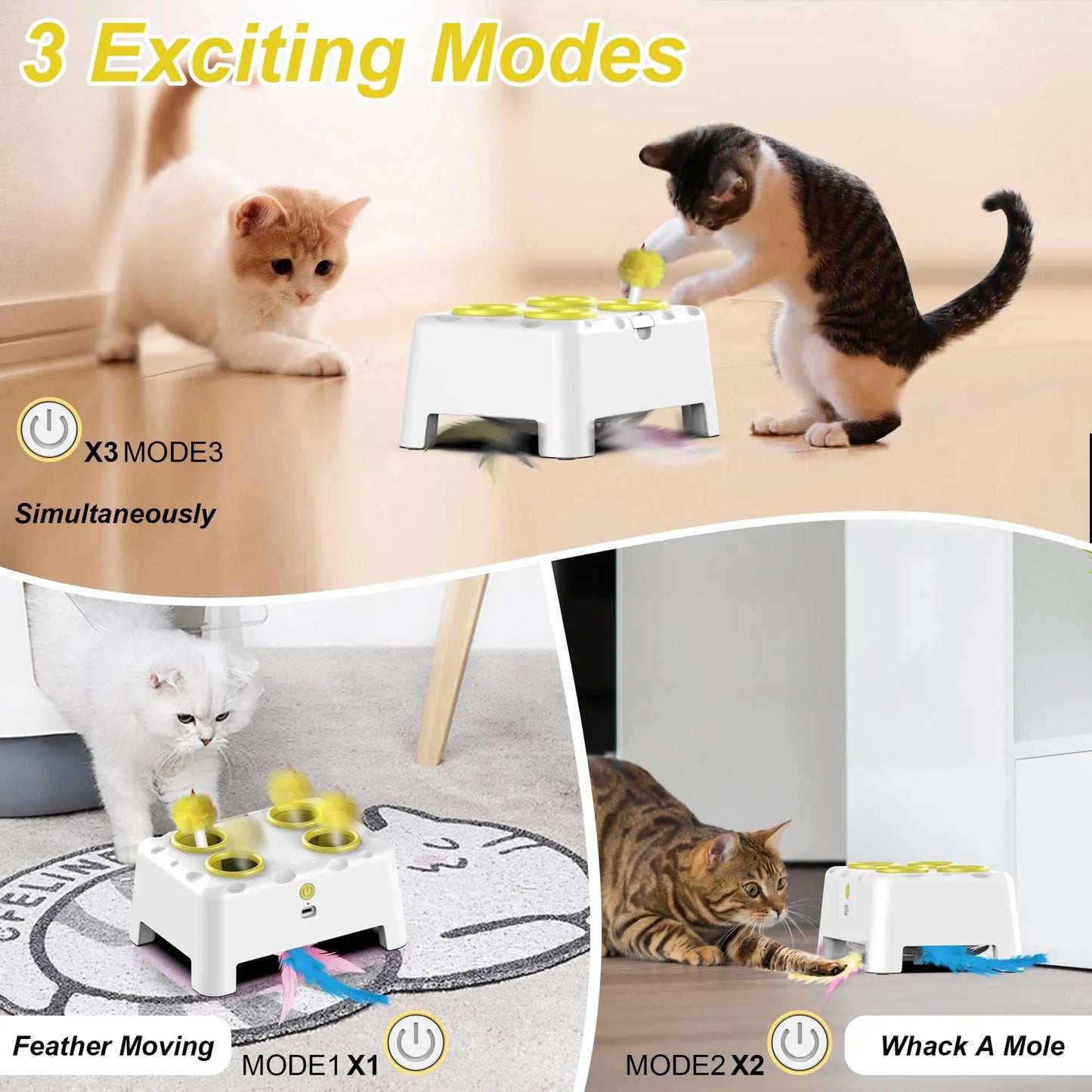 Whack A Mole Automatic Pop-Up Rechargeable Cat Toy - Interactive Play for Kittens & Cats